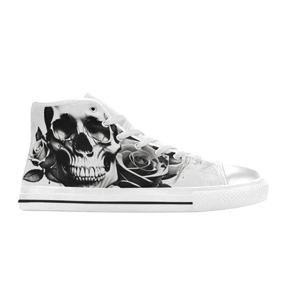 Freaky Shoes custom art sneakers with black and white skull and rose design, made to order