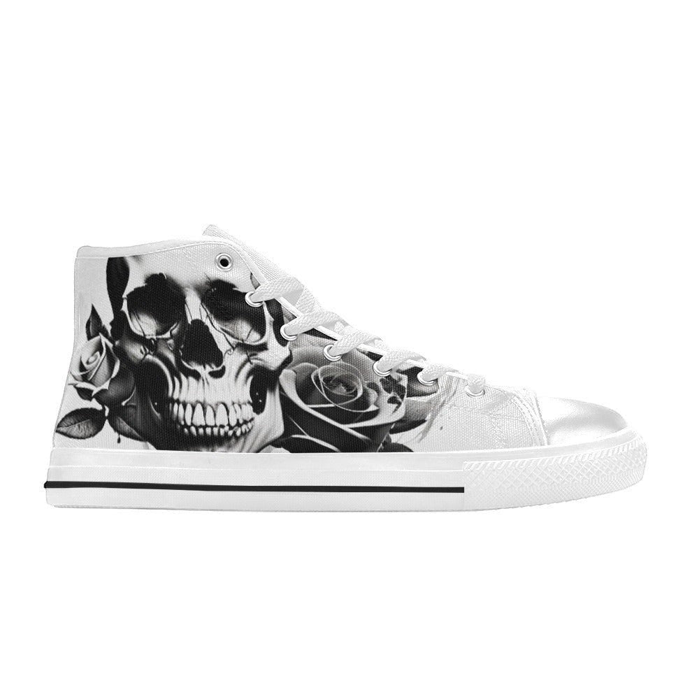 Freaky Shoes custom art sneakers with black and white skull and roses design, made to order