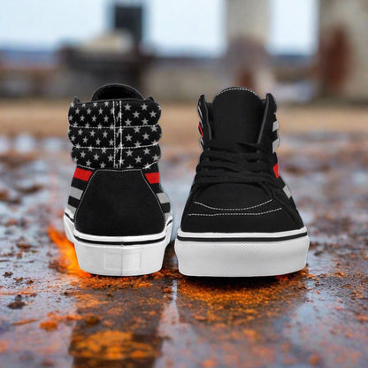 Custom Men's Thin Red Line Flag Themed Fire Fighter high-top canvas shoes with bold all-over art — Freaky Shoes