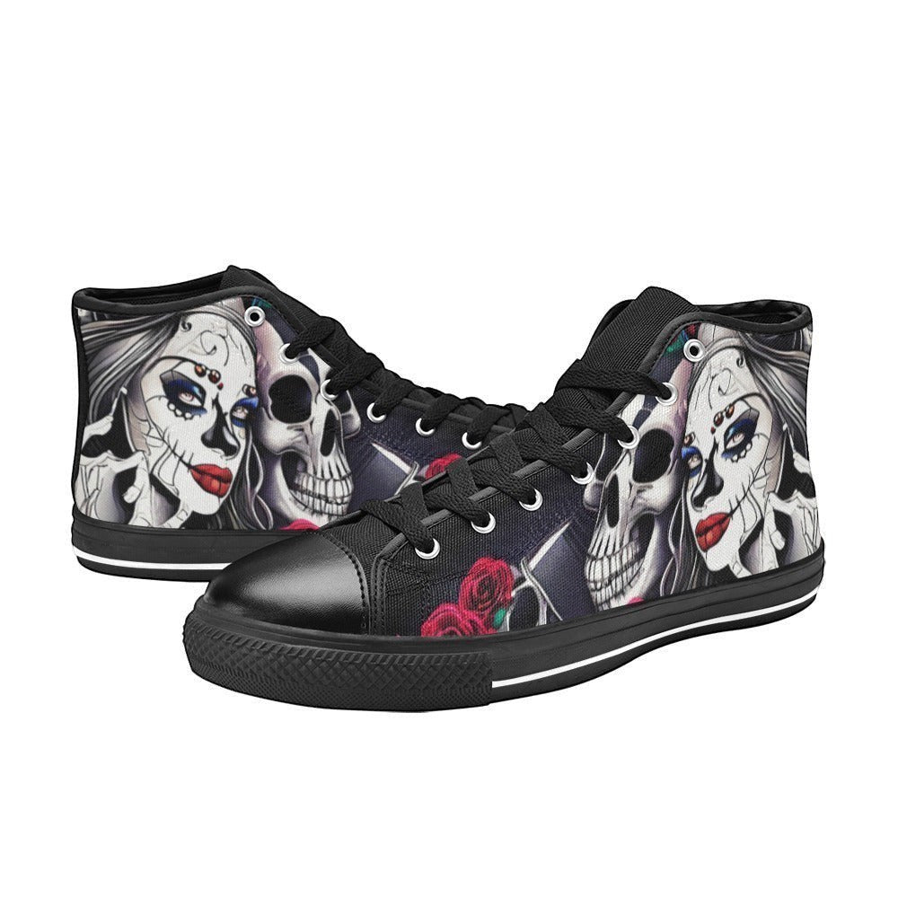 Freaky Shoes custom art sneakers with Day of the Dead skull art, red roses, and black high-top design, made to order.