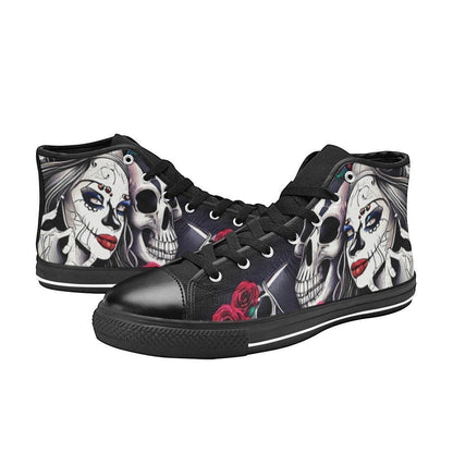 Freaky Shoes custom art sneakers with Day of the Dead skull art, red roses, and black high-top design, made to order.