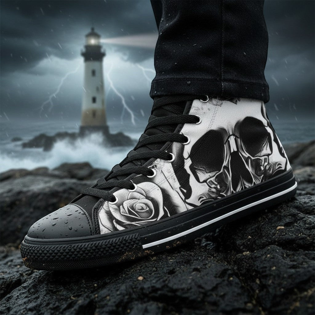 Women's Grey Skull & Roses Black & White high-top canvas shoes — one-of-a-kind custom printed art, Freaky Shoes