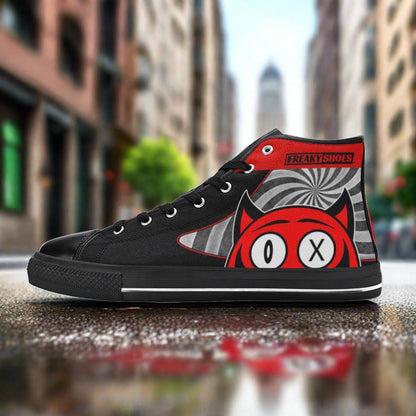 Women's Devil custom high-top canvas shoes — wearable art by Freaky Shoes