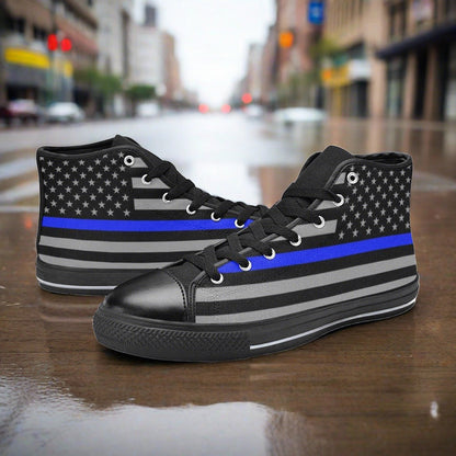 Custom Men's Thin Blue Line Flag Themed high-top canvas shoes with bold all-over art — Freaky Shoes