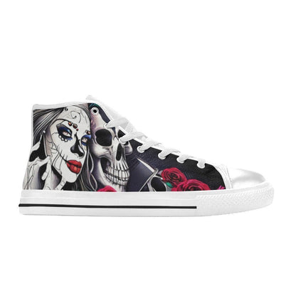 Freaky Shoes custom art sneakers featuring sugar skull woman, red roses, and skull art on black canvas, made to order