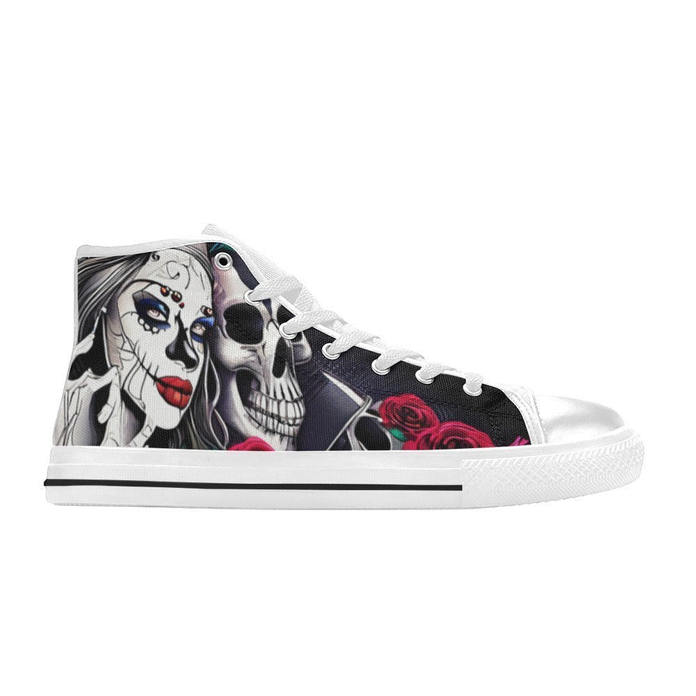 Freaky Shoes custom art sneakers featuring sugar skull woman, red roses, and skull art on black canvas, made to order