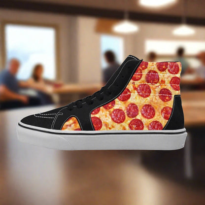 Women's Pepperoni Pizza high-top canvas shoes, custom full-wrap printed design — Freaky Shoes