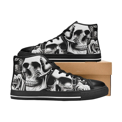 Freaky Shoes custom art sneakers with black and white skull art, made to order