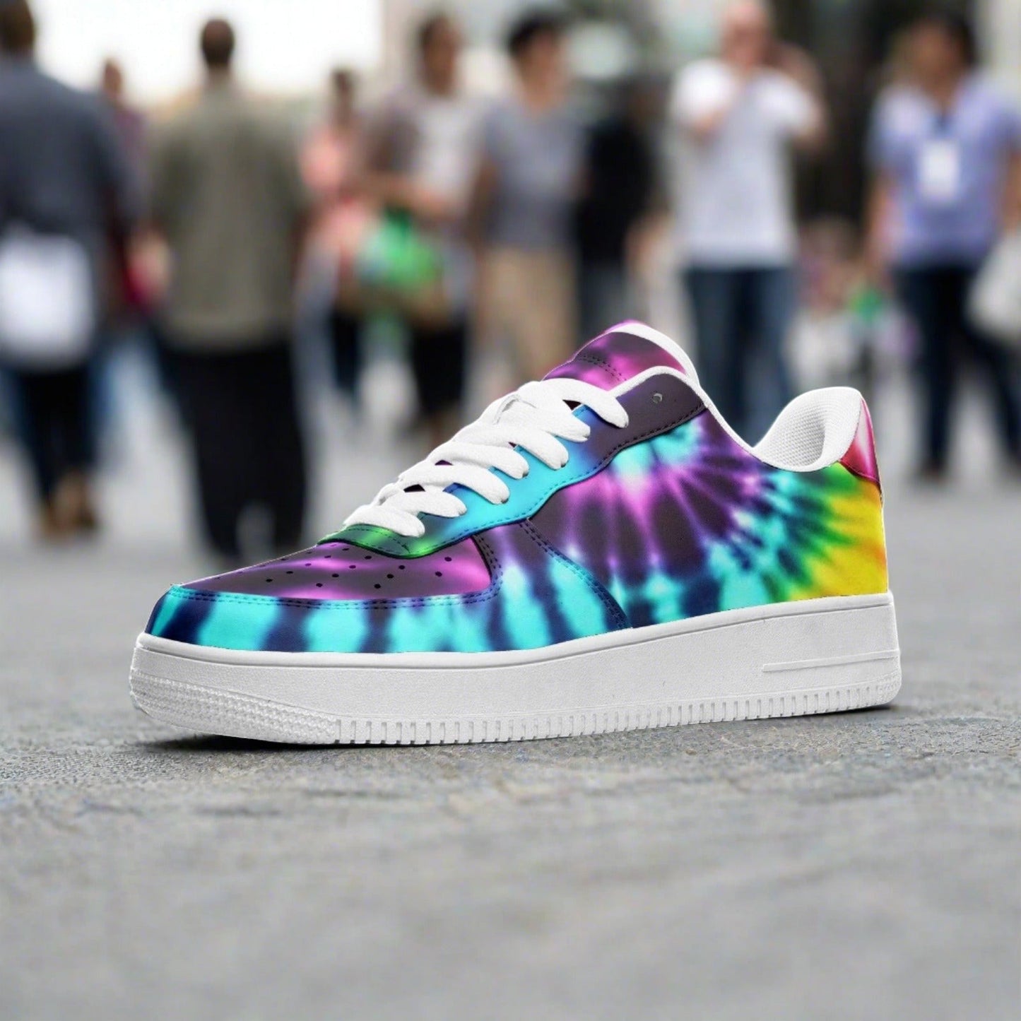 Tie Dye low-top leather sneakers, custom full-wrap printed design — Freaky Shoes
