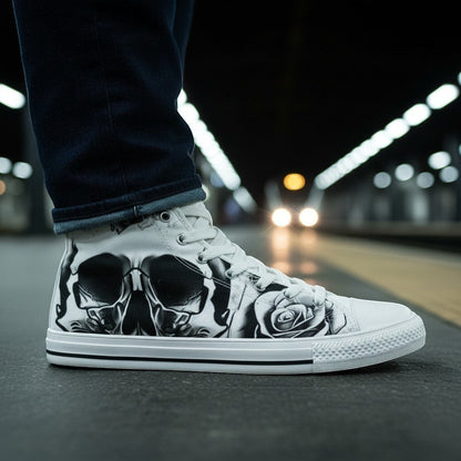 Men's Grey Skull & Roses Black & White hand-made high-top canvas shoes — unique wearable art by Freaky Shoes