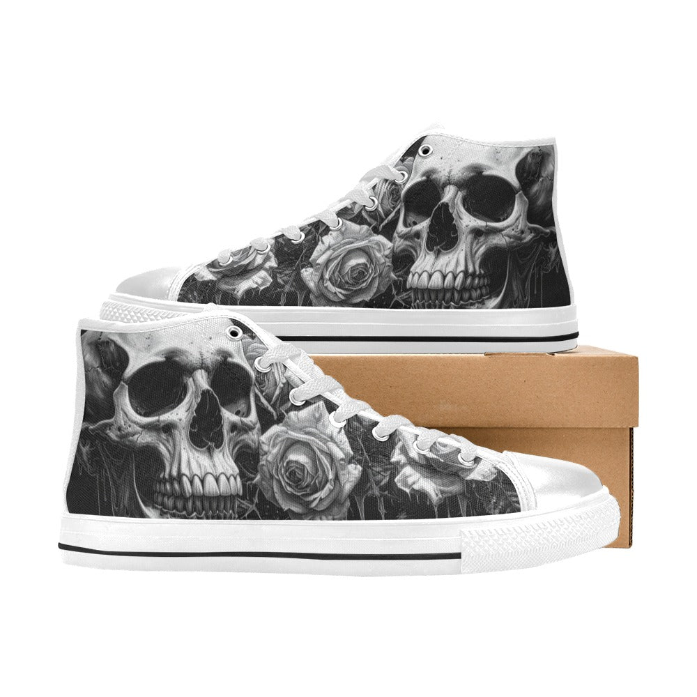 Grey Skull & Dark Rose Women's Gothic High Top Canvas Shoes | Freaky Shoes®