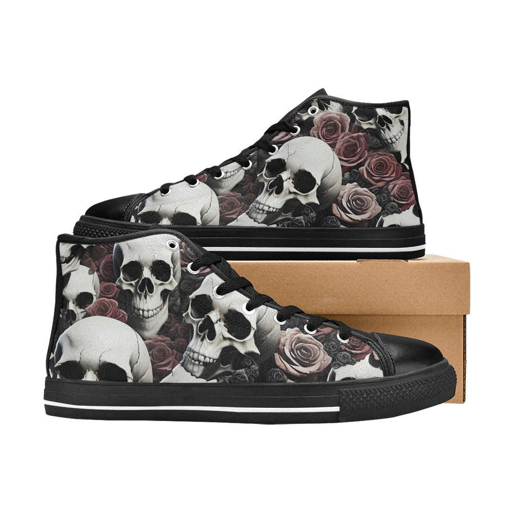 WOMEN'S Rose Skulls Dark 7 High Top Canvas Neon Fantasy Custom Sneakers