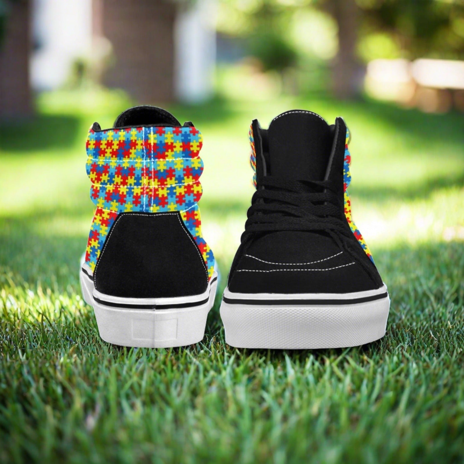 Custom Women's Autism Awareness high-top canvas shoes with bold all-over art — Freaky Shoes