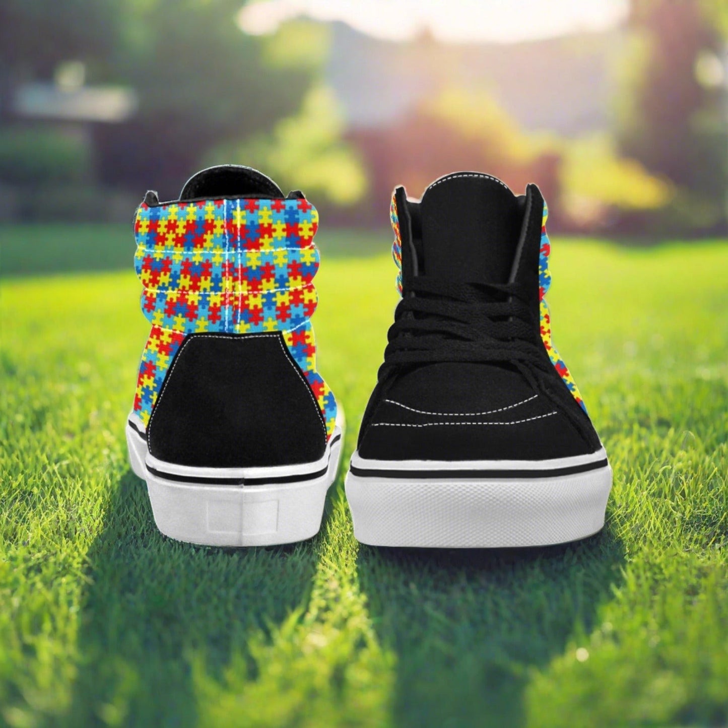 Custom Men's Autism Awareness high-top canvas shoes with bold all-over art — Freaky Shoes