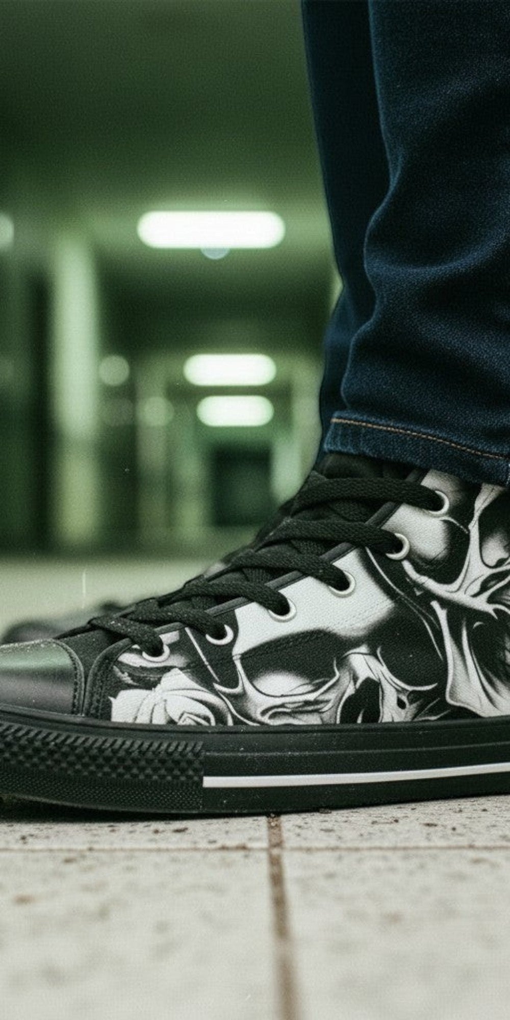 Men's Cartoon Skulls & Roses custom high-top canvas shoes — wearable art by Freaky Shoes