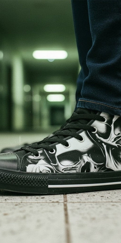 Men's Cartoon Skulls & Roses custom high-top canvas shoes — wearable art by Freaky Shoes