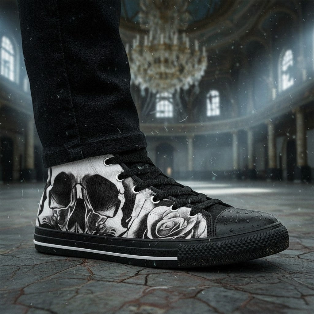 Custom Women's Grey Skull & Roses Black & White high-top canvas shoes with bold all-over art — Freaky Shoes