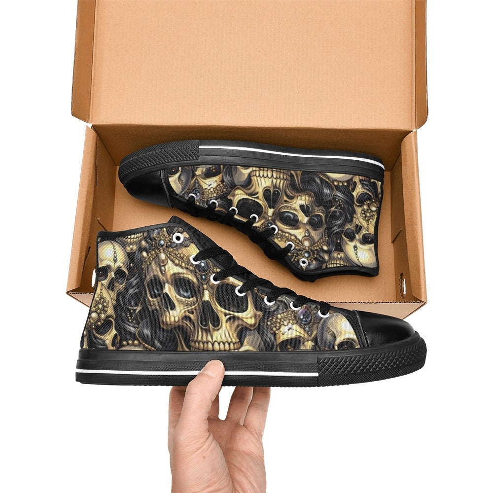 WOMEN'S Elegant Jeweled Skull Dark High Top Canvas Vibrant Chaos Custom Shoes