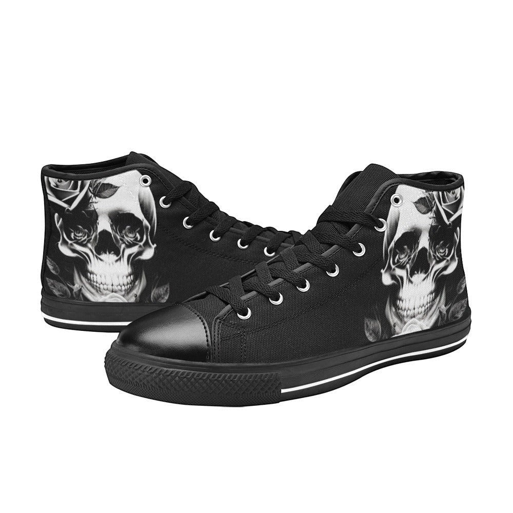 Freaky Shoes custom art sneakers with skull and rose design, made to order