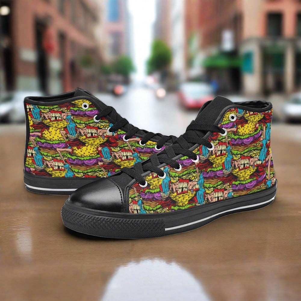 Custom Men's Cheeseburger Monster high-top canvas shoes with bold all-over art — Freaky Shoes