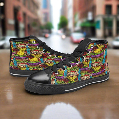 Custom Men's Cheeseburger Monster high-top canvas shoes with bold all-over art — Freaky Shoes