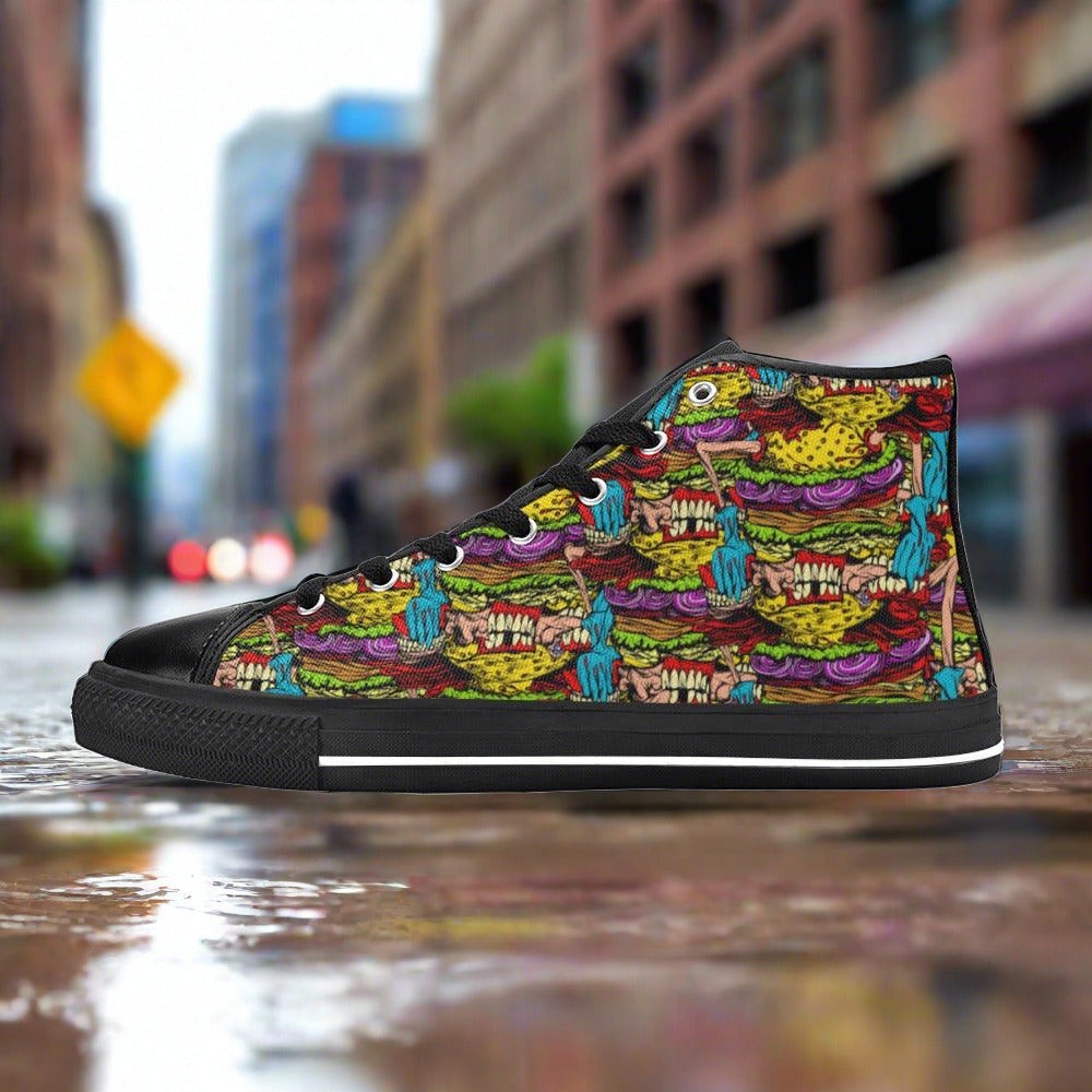 Men's Cheeseburger Monster high-top canvas shoes, custom full-wrap printed design — Freaky Shoes
