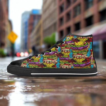 Men's Cheeseburger Monster high-top canvas shoes, custom full-wrap printed design — Freaky Shoes