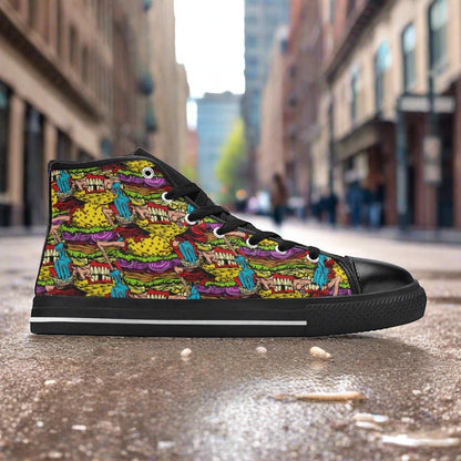 Men's Cheeseburger Monster custom high-top canvas shoes — wearable art by Freaky Shoes