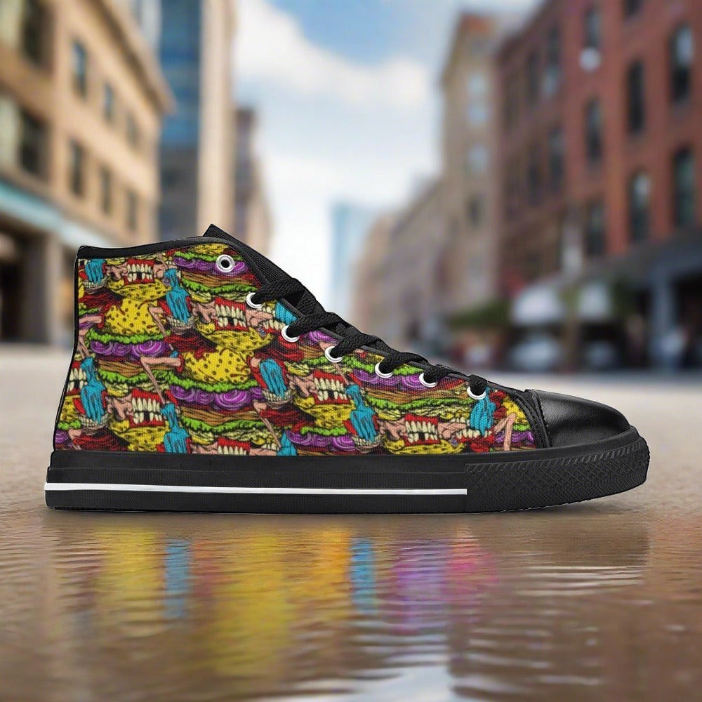 Women's Cheeseburger Monster high-top canvas shoes, custom full-wrap printed design — Freaky Shoes