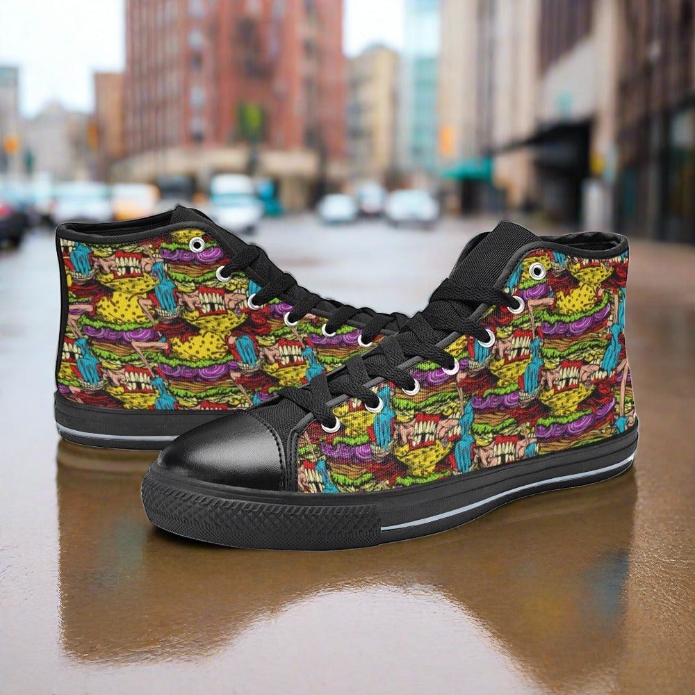 Custom Women's Cheeseburger Monster high-top canvas shoes with bold all-over art — Freaky Shoes
