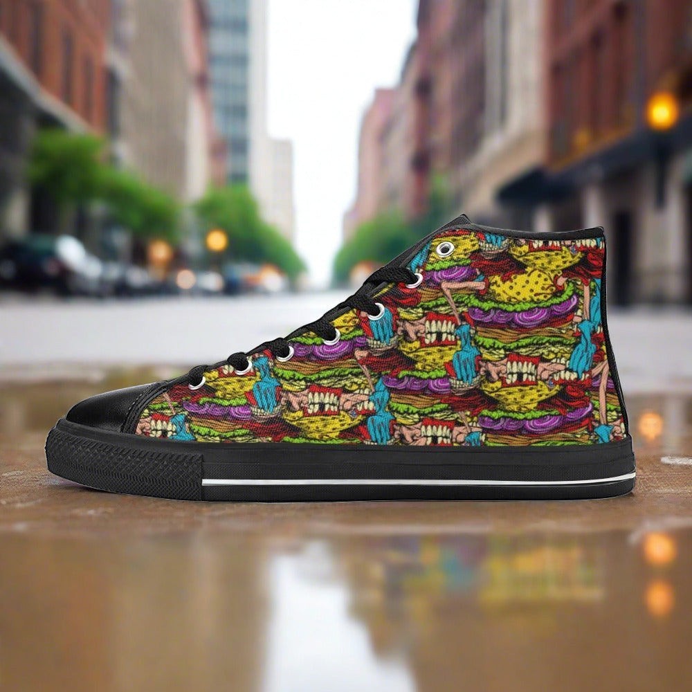 Women's Cheeseburger Monster custom high-top canvas shoes — wearable art by Freaky Shoes