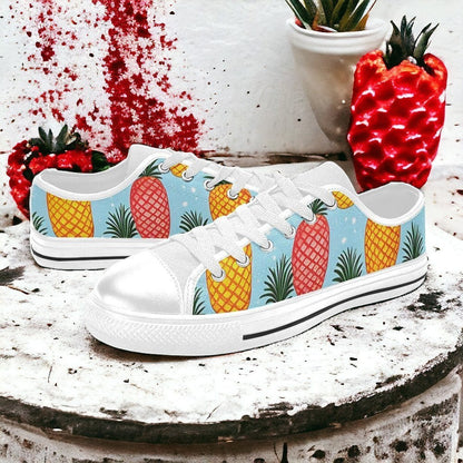 Men's Pineapples Please hand-made high-top canvas shoes — unique wearable art by Freaky Shoes