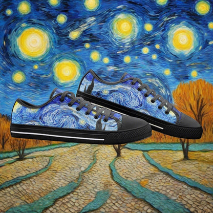 Starry Night Art custom high-top canvas shoes — wearable art by Freaky Shoes