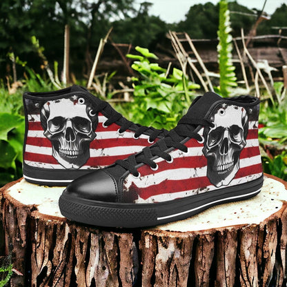 Women's Patriotic Skull Art hand-made high-top canvas shoes — unique wearable art by Freaky Shoes