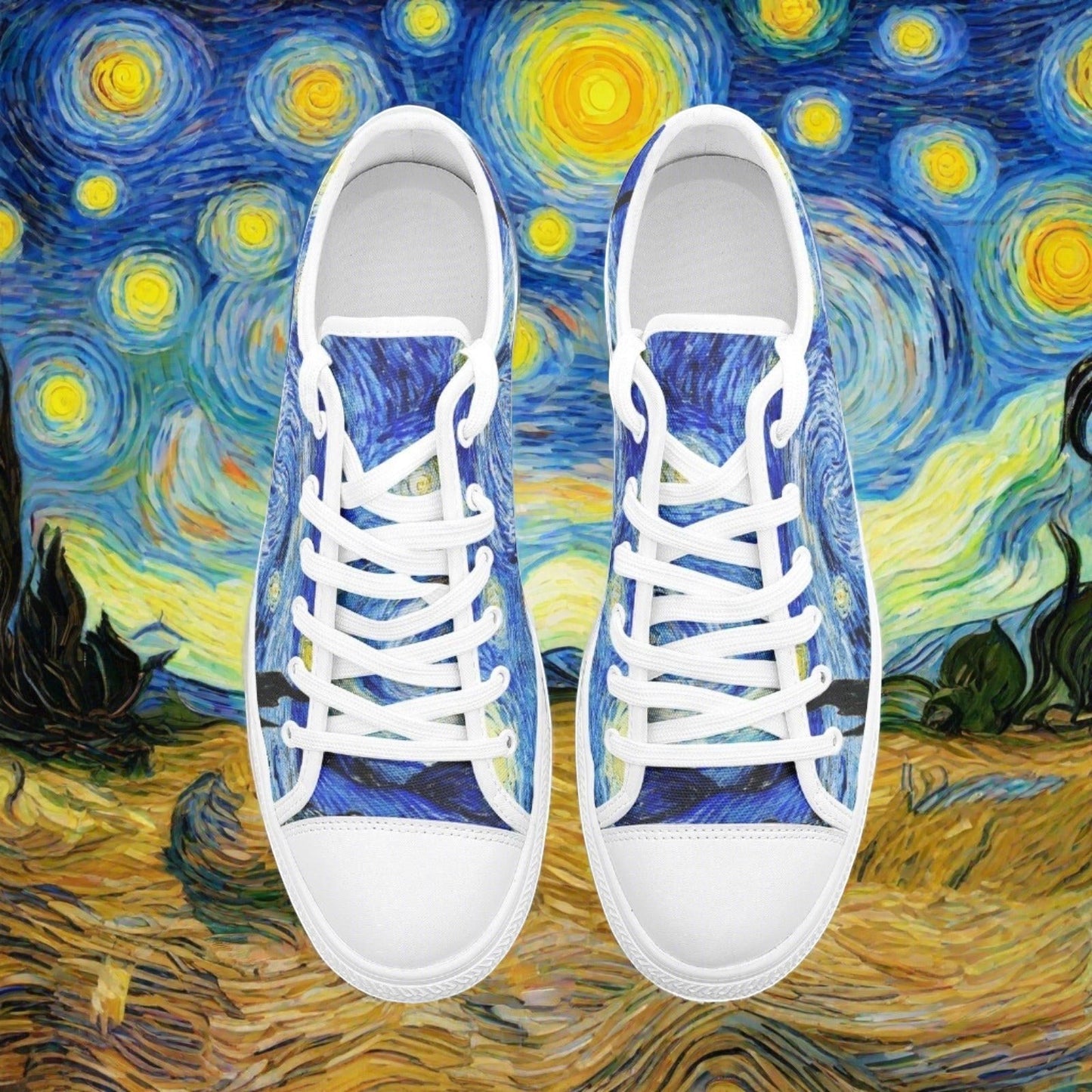 Starry Night Art custom high-top canvas shoes — wearable art by Freaky Shoes