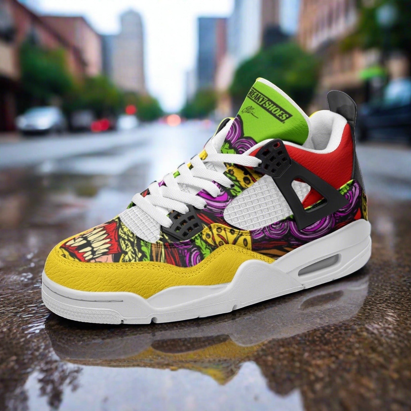 Cheeseburger Monster high-top canvas shoes, custom full-wrap printed design — Freaky Shoes