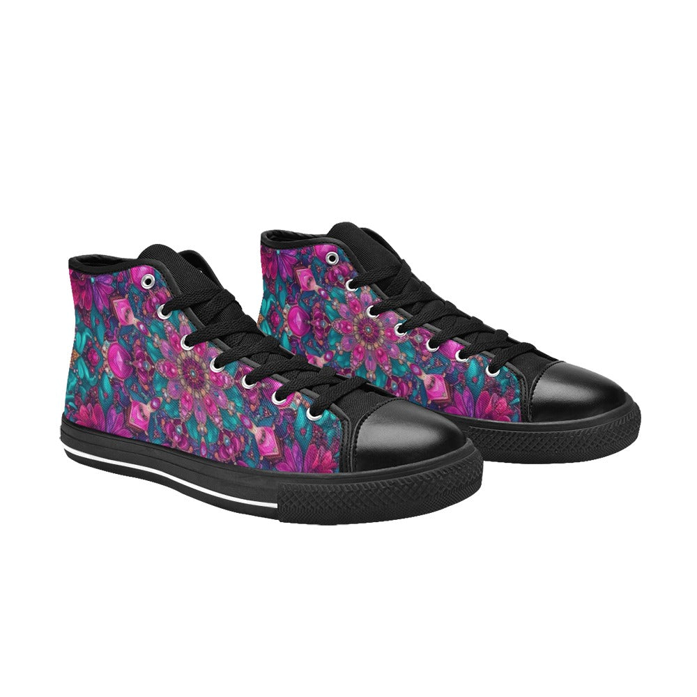 WOMEN'S Feminine Jeweled Skull High Top Canvas Neon Fantasy Custom Shoes