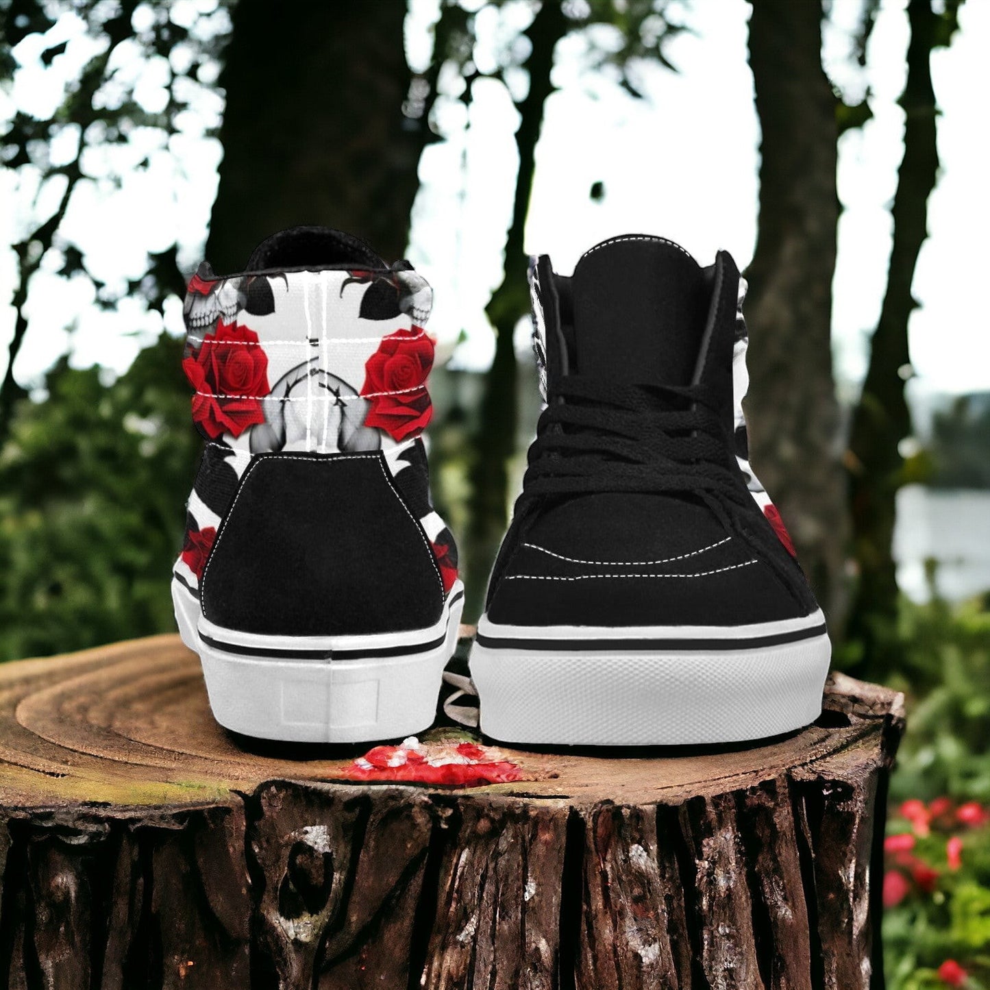 Custom Men's Skulls Roses Deluxe high-top canvas shoes with bold all-over art — Freaky Shoes