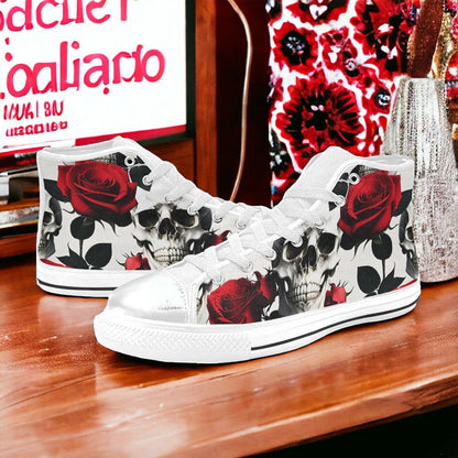 Men's Skulls Roses Deluxe hand-made high-top canvas shoes — unique wearable art by Freaky Shoes