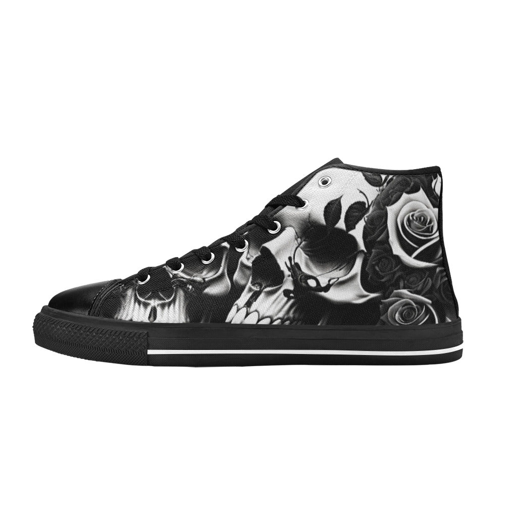WOMEN'S Greyscale Style Skulls Roses High Top Canvas Grunge Shoes
