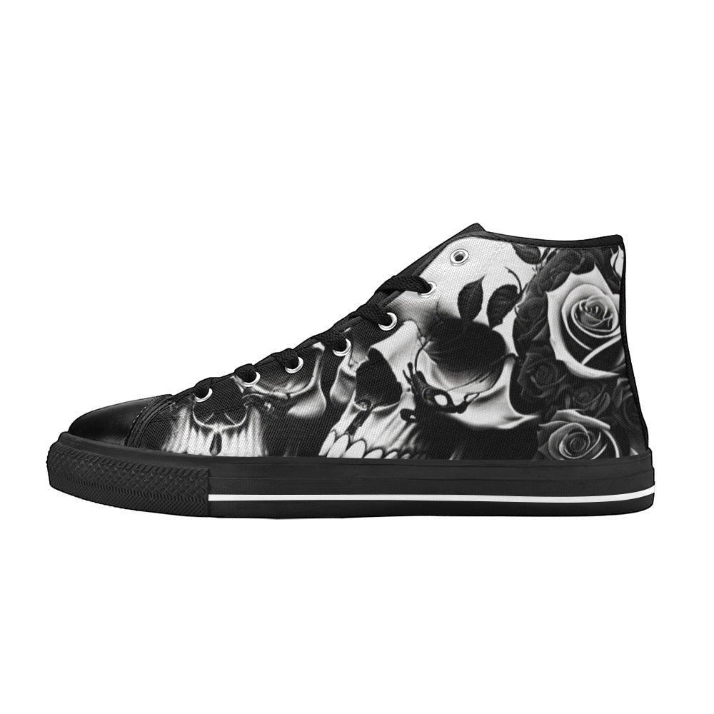 Freaky Shoes custom art sneakers with black and white skull and rose design, made to order
