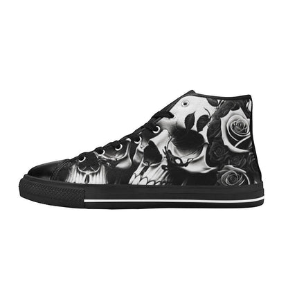 Freaky Shoes custom art sneakers with black and white skull and rose design, made to order