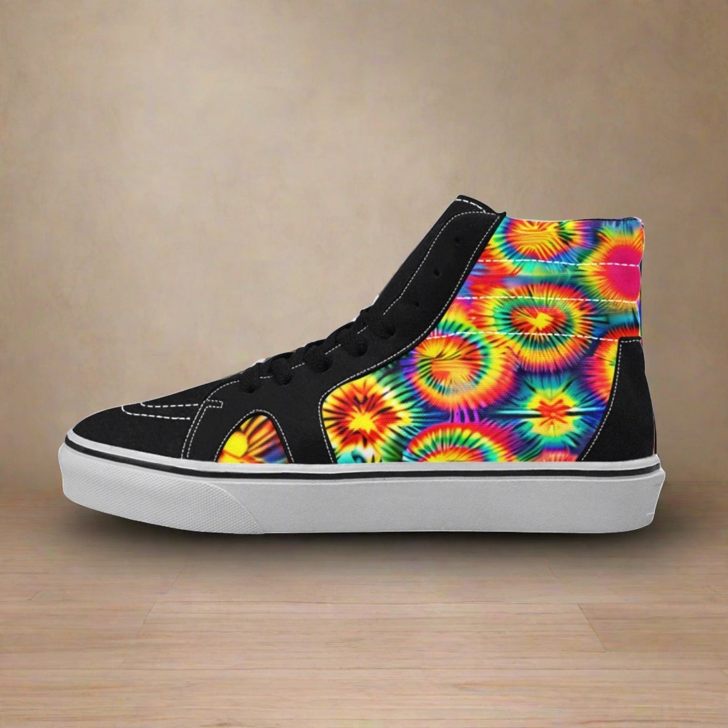 Men's Rainbow Tie Dye high-top canvas shoes, custom full-wrap printed design — Freaky Shoes