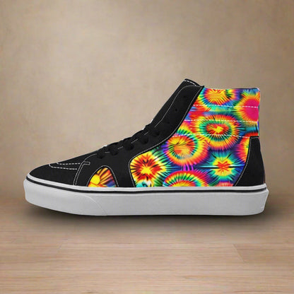 Men's Rainbow Tie Dye high-top canvas shoes, custom full-wrap printed design — Freaky Shoes