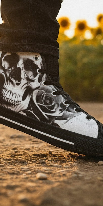 Men's Cartoon Skulls & Roses Black & White custom high-top canvas shoes — wearable art by Freaky Shoes