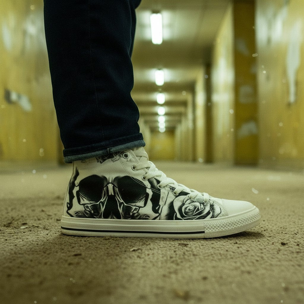 Custom Men's Grey Skull & Roses Black & White high-top canvas shoes with bold all-over art — Freaky Shoes