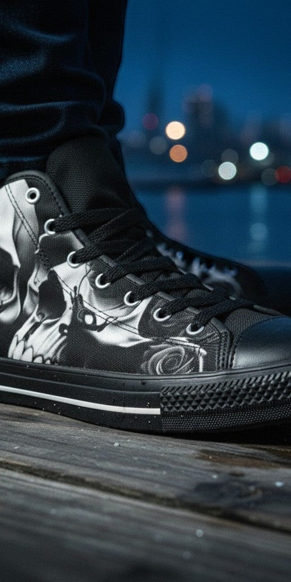 Men's Greyscale Skulls & Roses Black & White custom high-top canvas shoes — wearable art by Freaky Shoes