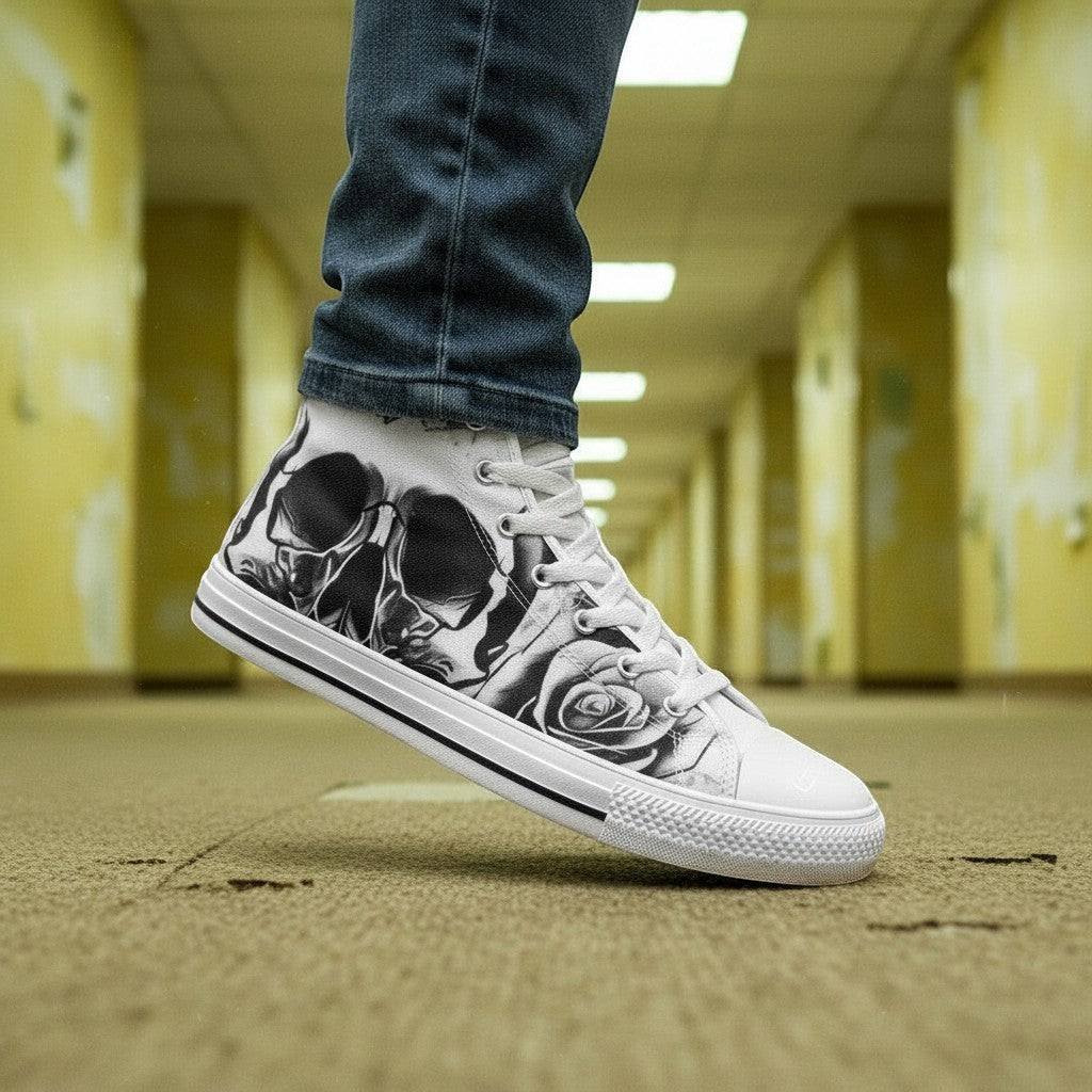Men's Grey Skull & Roses Black & White high-top canvas shoes, custom full-wrap printed design — Freaky Shoes