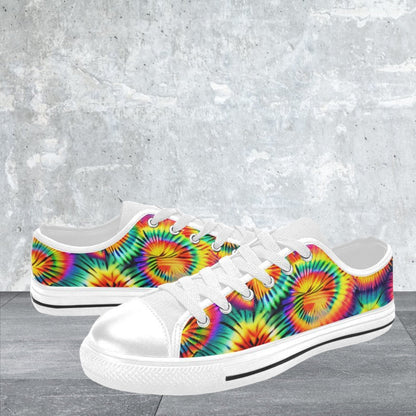 Men's Rainbow Tie Dye hand-made high-top canvas shoes — unique wearable art by Freaky Shoes