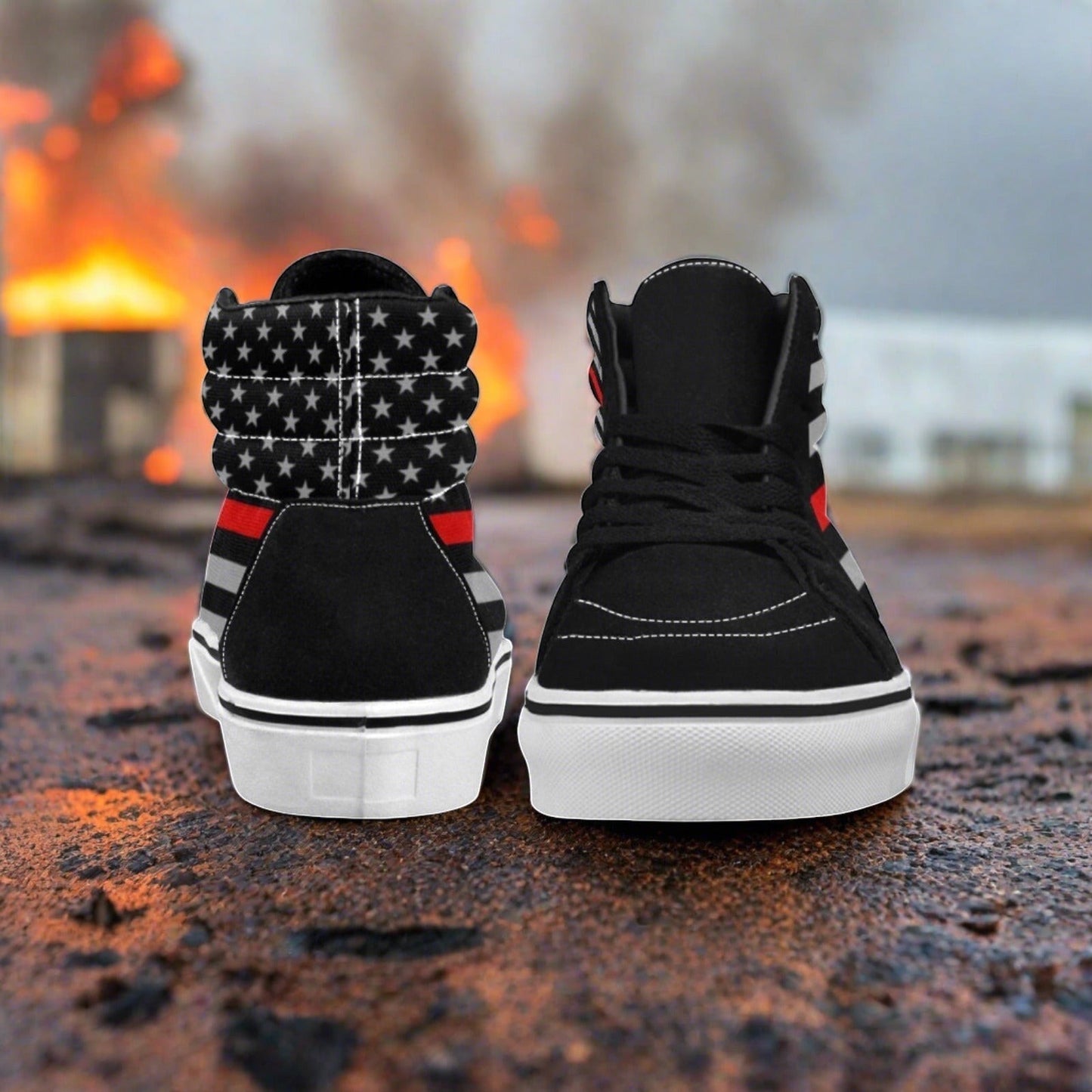 Custom Women's Thin Red Line Flag Themed Fire Fighter high-top canvas shoes with bold all-over art — Freaky Shoes